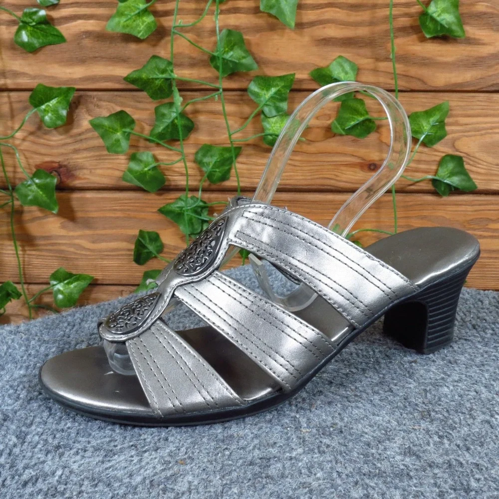 Sbicca Gotcha Women Slide Sandal 7 Wide Dressy Block Heel Pewter Silver Metallic